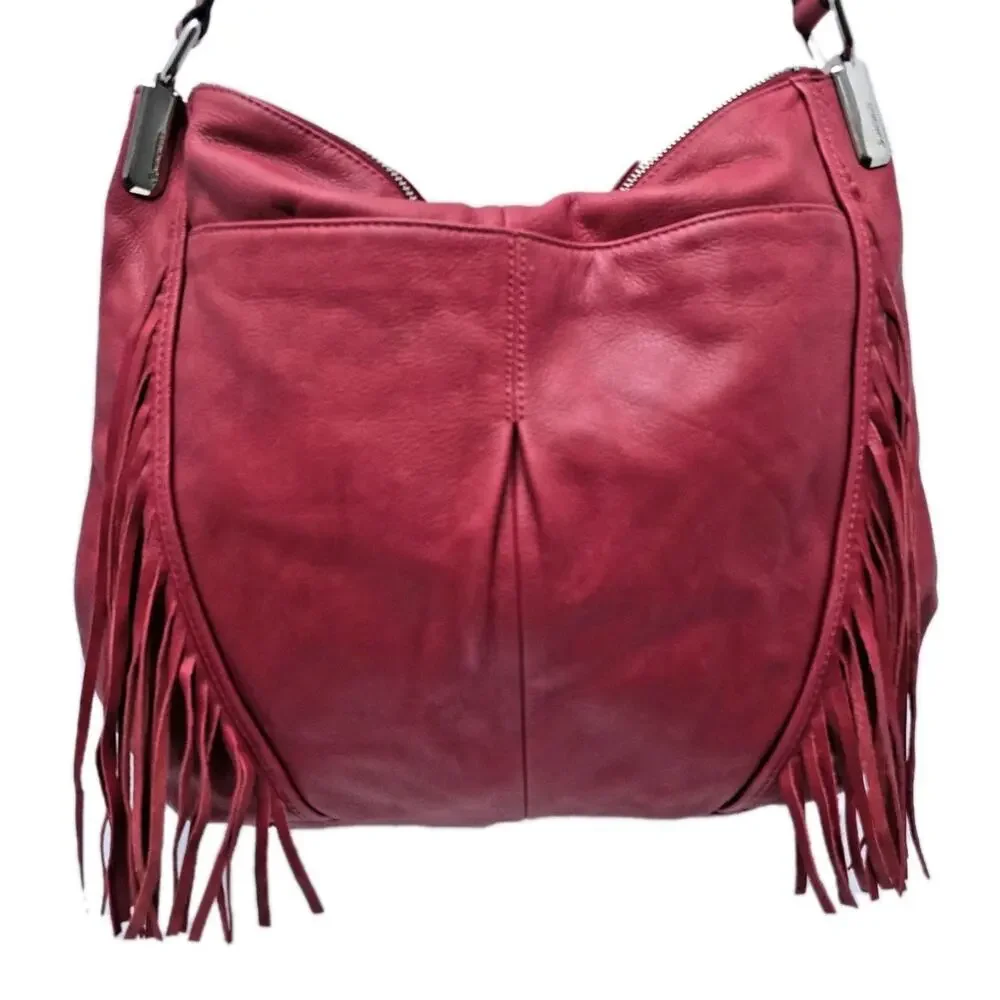 B. Makowsky Red Hobo Handbag Fringe Genuine Leather Pebbled Large